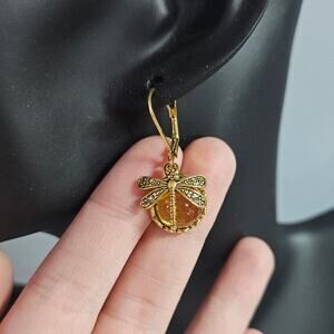 Boutique Vintage-Style Mixed Metal Dragonfly on Amber-Colored Glass Earrings